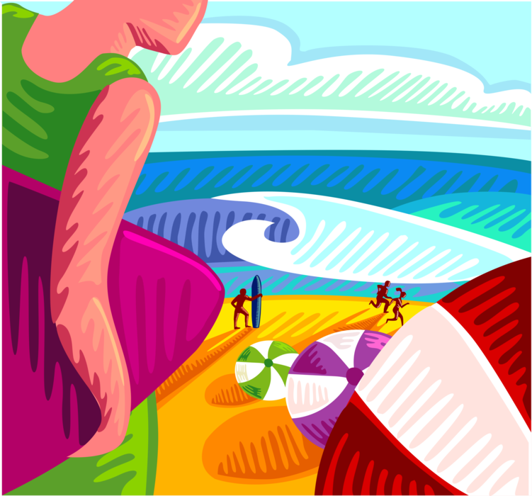 Vector Illustration of Surfer Arrives at Beach with Surfboaqrd for Day of Surfing the Waves