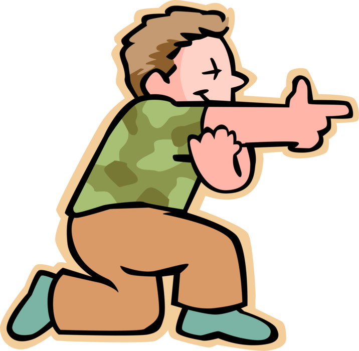 Vector Illustration of Primary or Elementary School Student Boy Playing War Goes "Pew, Pew, Pew, You're Dead"