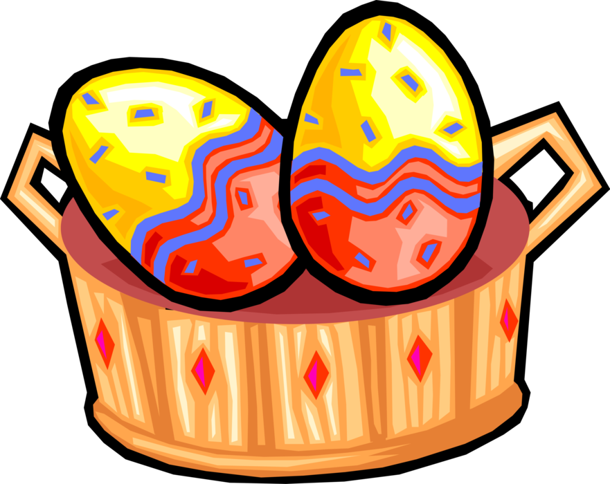 Vector Illustration of Decorated Colored Easter or Paschal Eggs in Basket