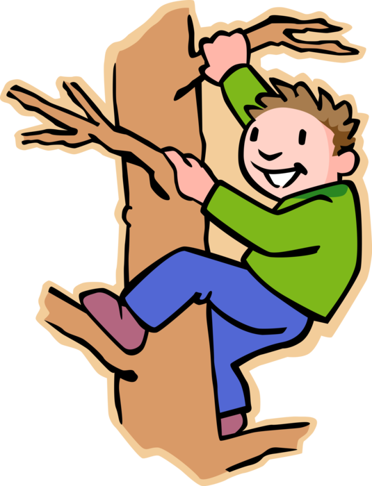 Vector Illustration of Primary or Elementary School Student Boy Climbing Tree