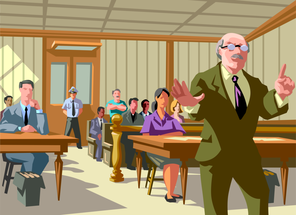 Vector Illustration of Barrister Defense Lawyer in Courtroom Argues Legal Case