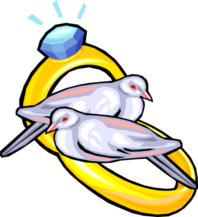 Vector Illustration of Wedding Band Rings Signify Pledge of Fidelity Exchanged by Bride and Groom with Doves
