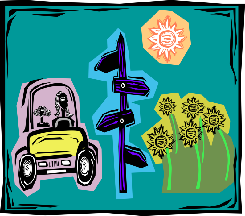 Vector Illustration of Automobile Travels Road in Summer with Direction Signs and Sunflowers