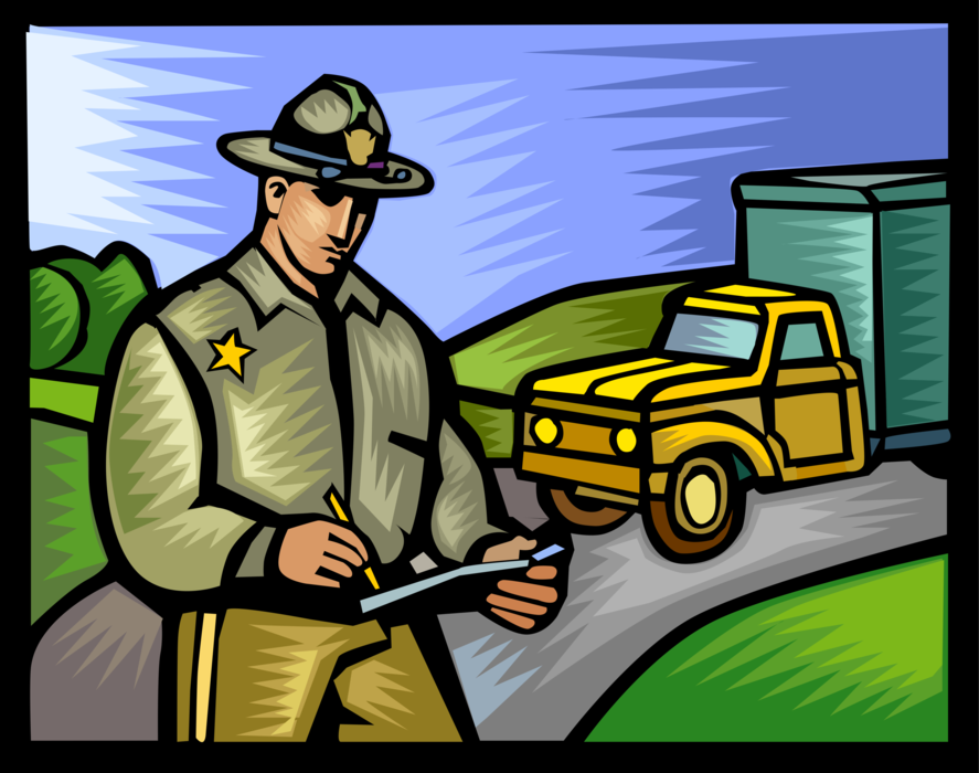 Vector Illustration of Law Enforcement Police Office Policeman Writes Traffic Infraction Ticket