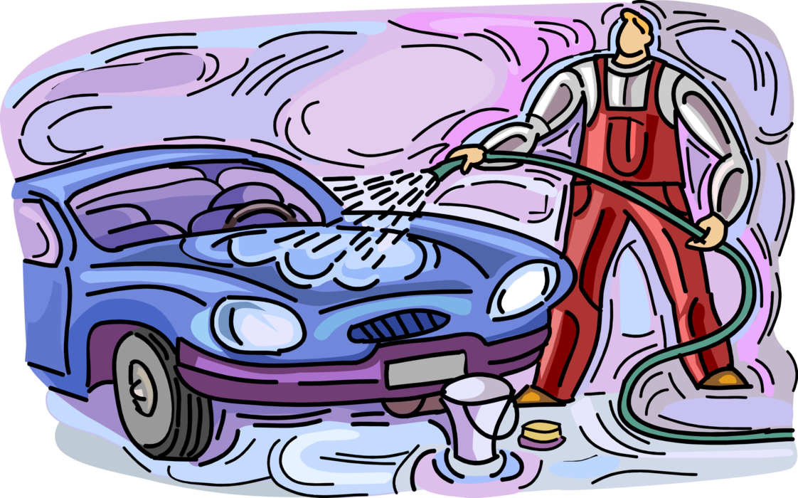 Vector Illustration of Car Wash Attendant Washing Automobile Car with Hose
