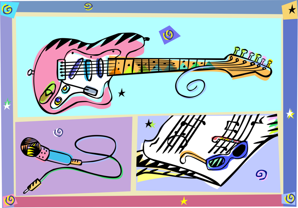 Vector Illustration of Electric Guitar Musical Instrument with Microphone and Sheet Music
