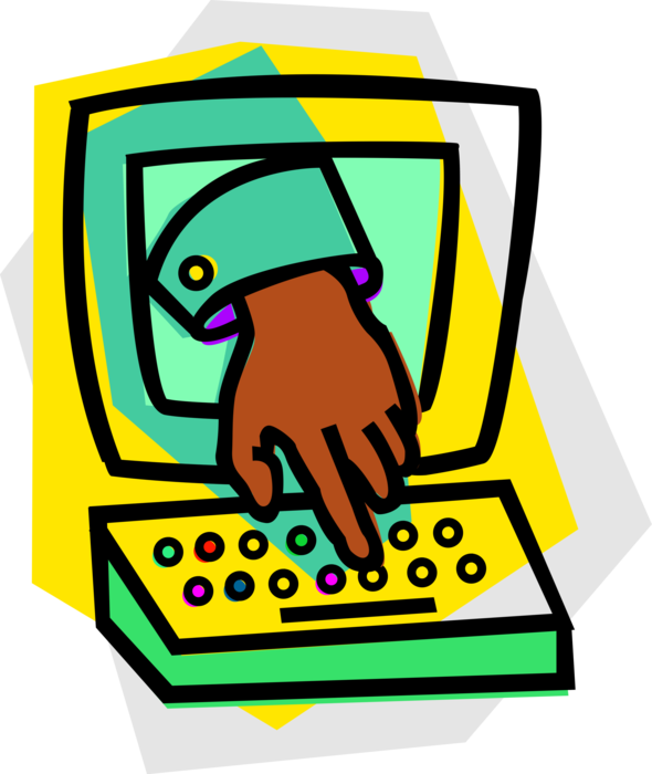 Vector Illustration of Remote Hand with Computer Monitor Screen and Keyboard