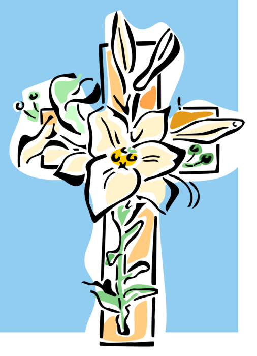 Vector Illustration of Christian Crucifix Cross with Easter Resurrection Lily Flowers 
