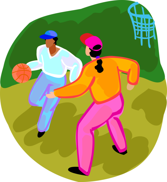 Vector Illustration of Children Playing Basketball Outdoors in Playground