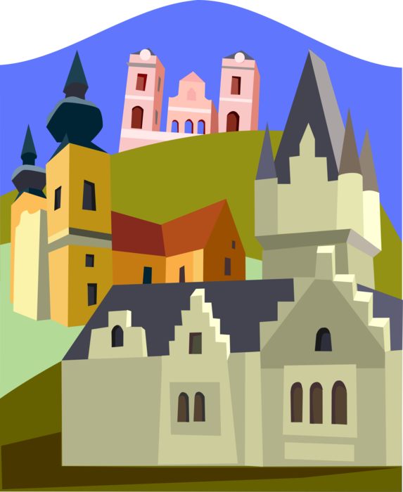 Vector Illustration of French Chateau Architecture and Church Cathedrals