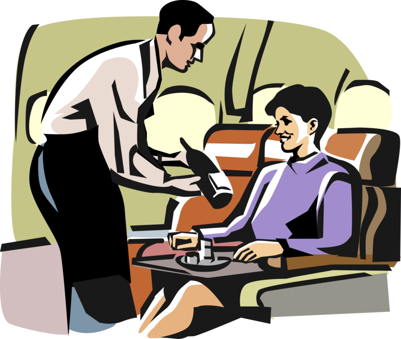 Vector Illustration of Airline Flight Attendant Serves Wine to Passenger in First Class on Jet Airplane Aircraft