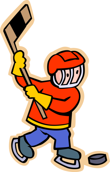 Vector Illustration of Primary or Elementary School Student Boy Playing Ice Hockey on Skates with Stick and Puck