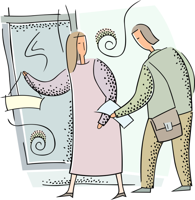 Vector Illustration of Man and Woman Talking at Retail Store Doorway