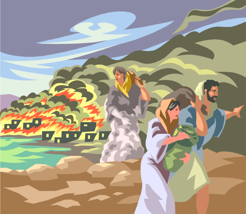 Vector Illustration of Lot's Wife Turns to Salt After She Looked Back at Sodom Biblical Story