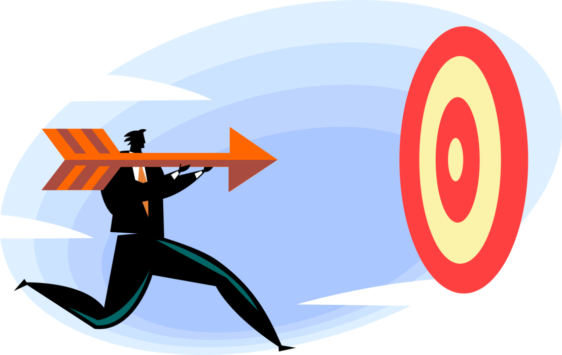Vector Illustration of Businessman Throws Archery Arrow at Bullseye or Bull's-Eye Target