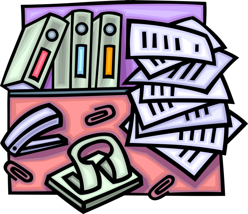 Vector Illustration of Office Desk with Stapler, Hole Puncher, and Paperwork Documents