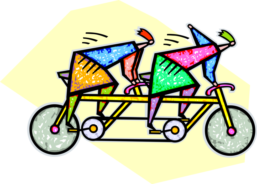 Vector Illustration of Cycling Enthusiasts Riding Two-Seat Tandem Bicycle Bike