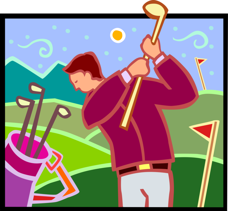 Vector Illustration of Sport of Golf Golfer Swings Golf Club Playing Golf on Golf Course