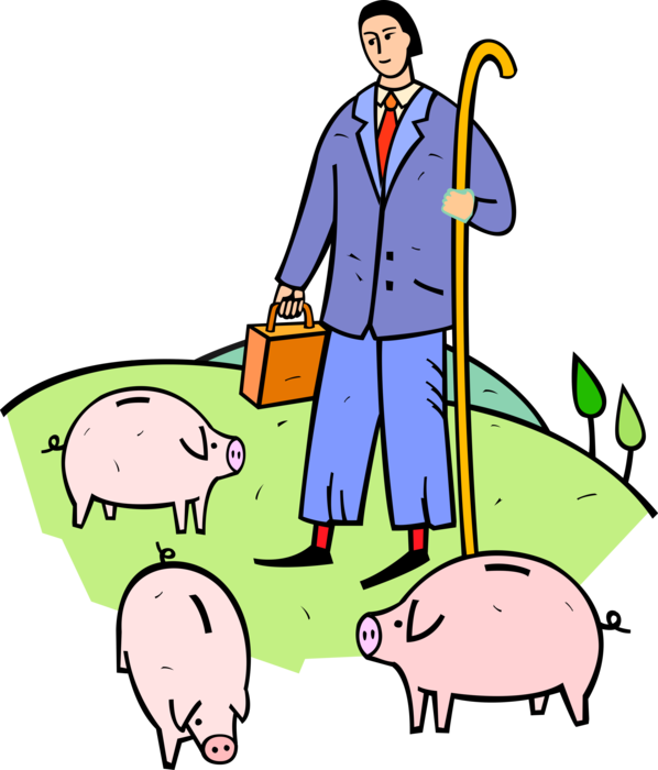 Vector Illustration of Businessman Shepherd with Flock of Piggy Banks