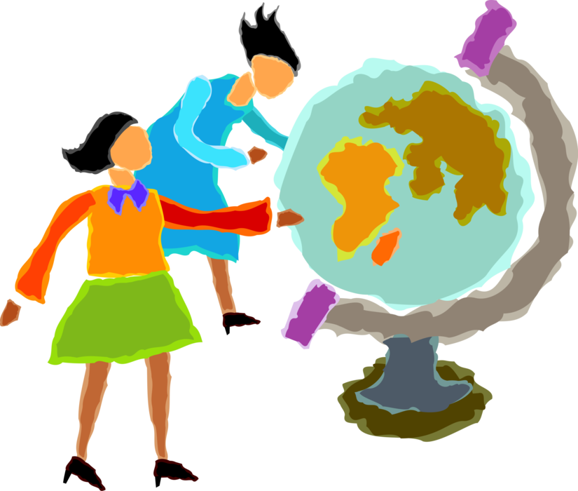 Vector Illustration of Students in School Geography Class with World Globe