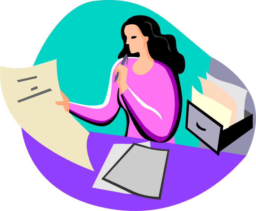 Vector Illustration of Businesswoman at Desk Reviewing Document Papers