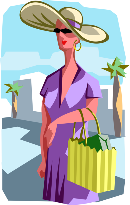 Vector Illustration of Retail Shopping Spree on Rodeo Drive with Shopper and Palm Trees