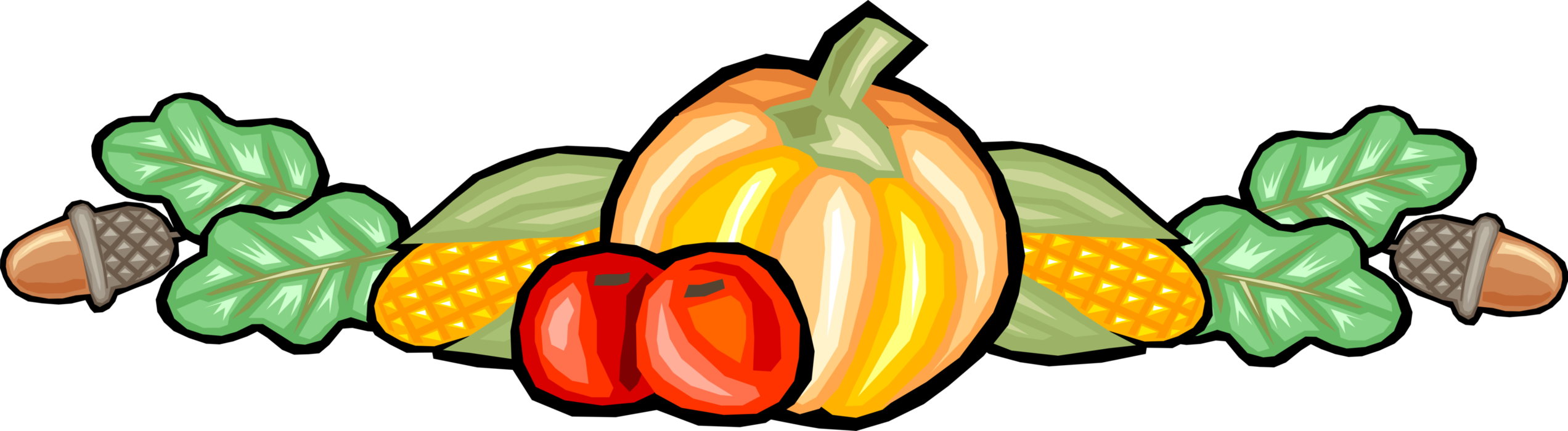 Vector Illustration of Fall or Autumn Harvest Pumpkins, Acorns, Cobs of Corn