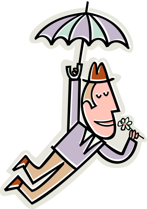 Vector Illustration of Businessman with Umbrella Soaring to New Heights Smells Flower