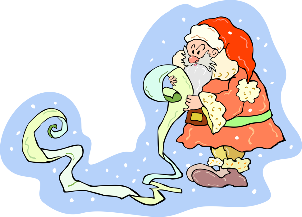 Vector Illustration of Santa Claus Checks and Double-Checks Christmas List