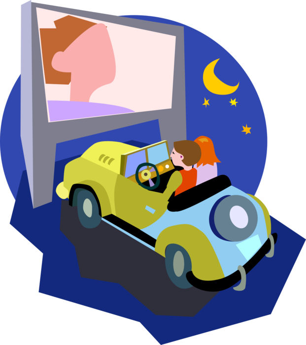 Vector Illustration of Romantic Date in Convertible Automobile Car at Drive-In Movie Theatre or Theater