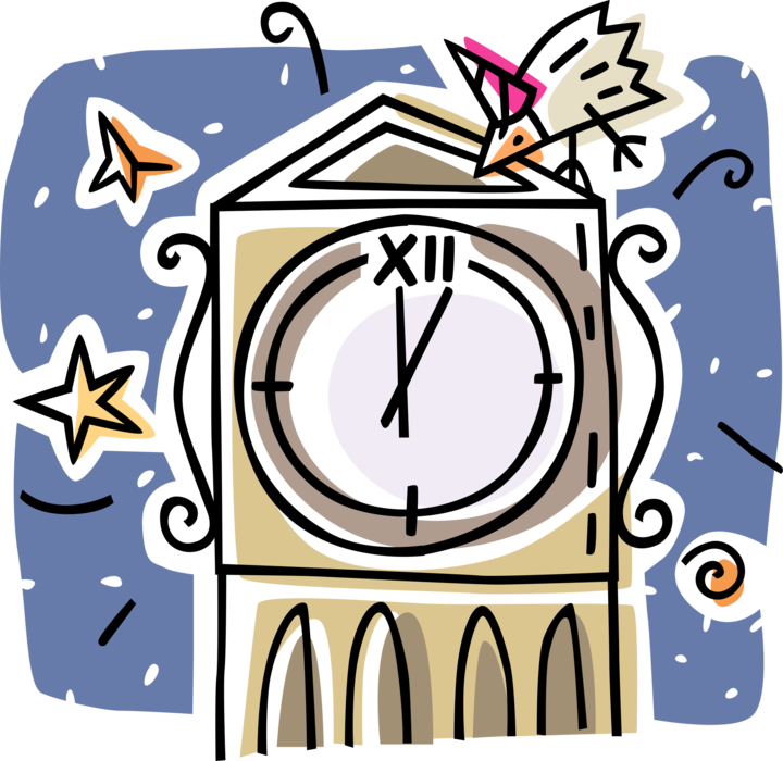 Vector Illustration of Grandfather Clock Rings in New Year at Midnight
