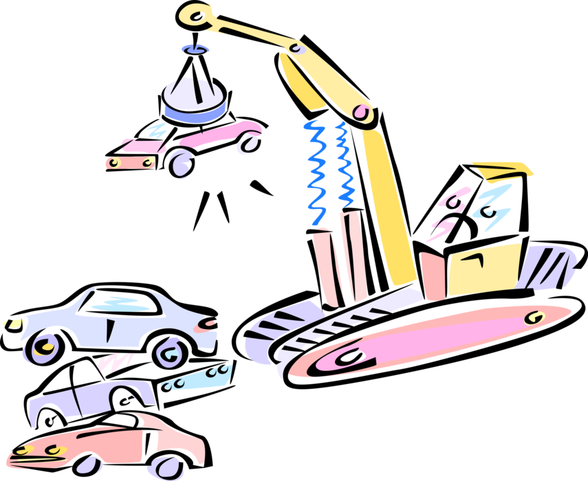 Vector Illustration of Magnetic Crane with Automobile Motor Vehicle Car in Demolition Junk Yard
