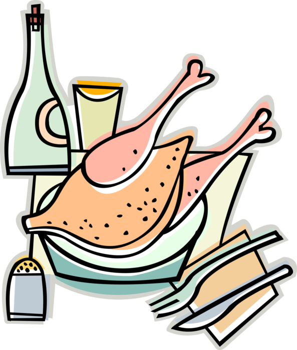 Vector Illustration of Roast Poultry Turkey Dinner with Knife and Fork