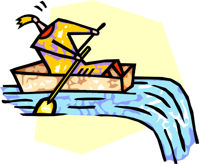 Vector Illustration of Rower in Boat Attempts to Row Away from Dangerous Waterfall