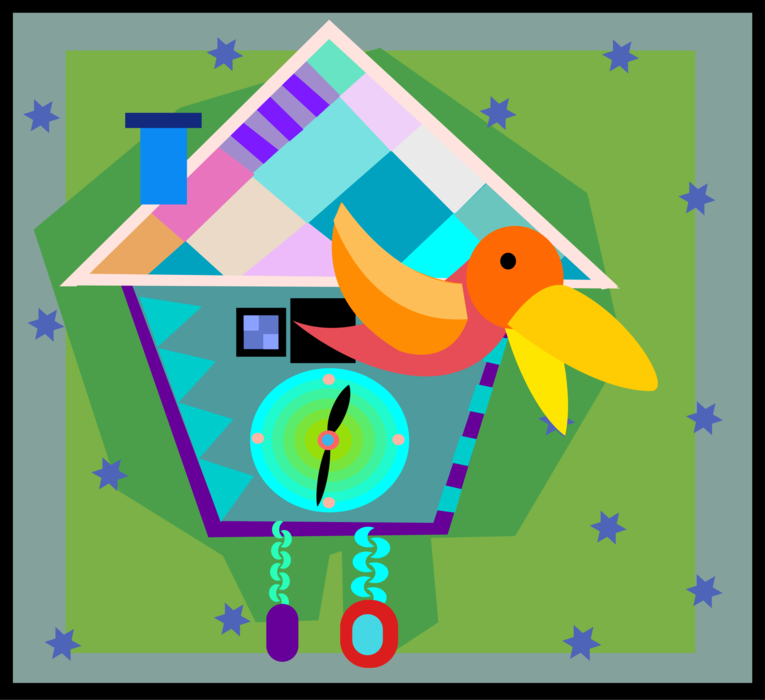 Vector Illustration of Clock Measures, Records, Indicates Time with Cuckoo Bird Announcing Time