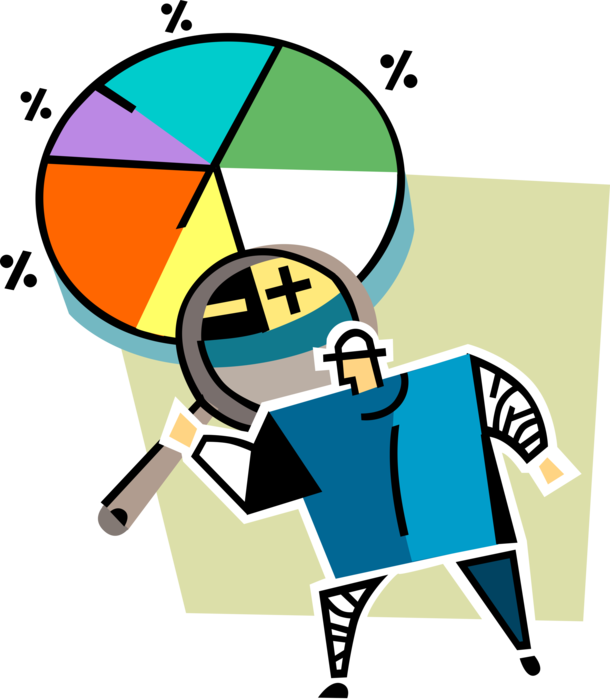 Vector Illustration of Examining Pie Chart Statistical Infographic Divided into Slices to Illustrate Numerical Proportion