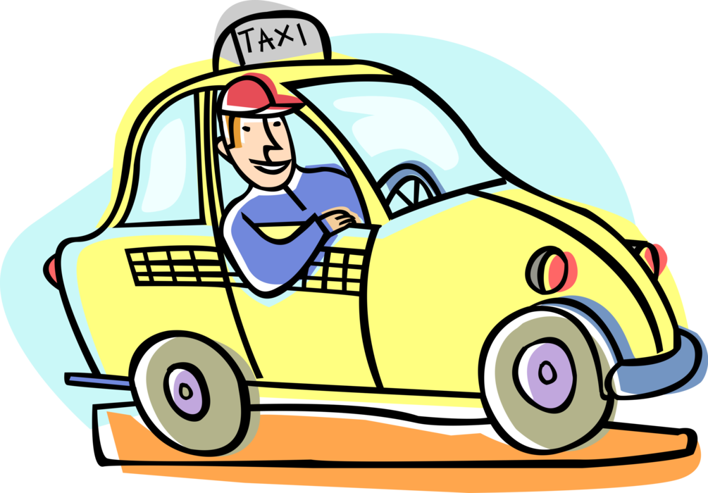 Vector Illustration of Taxicab Motorist Driver with Taxi or Cab Vehicle for Hire Automobile Motor Car