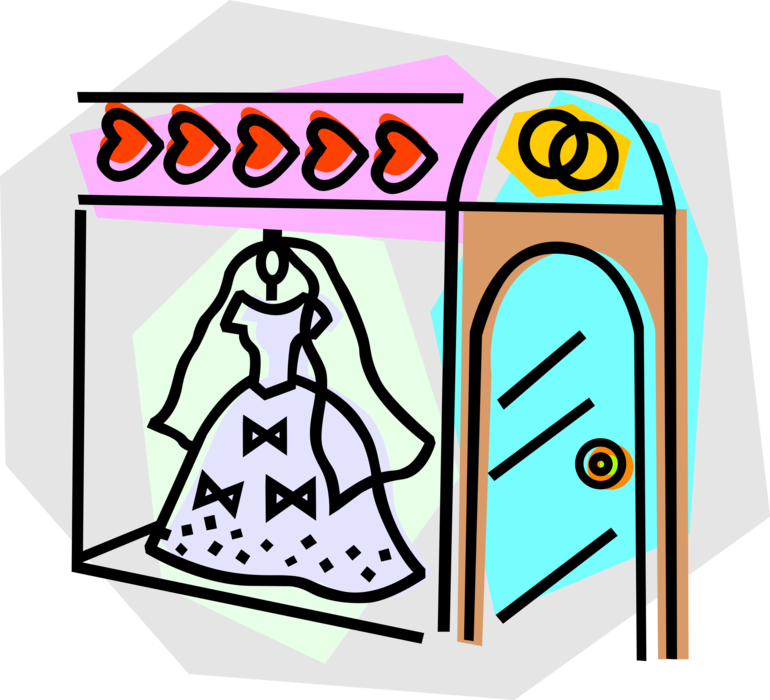 Vector Illustration of Bride's Wedding Dress Hangs in Retail Store Window