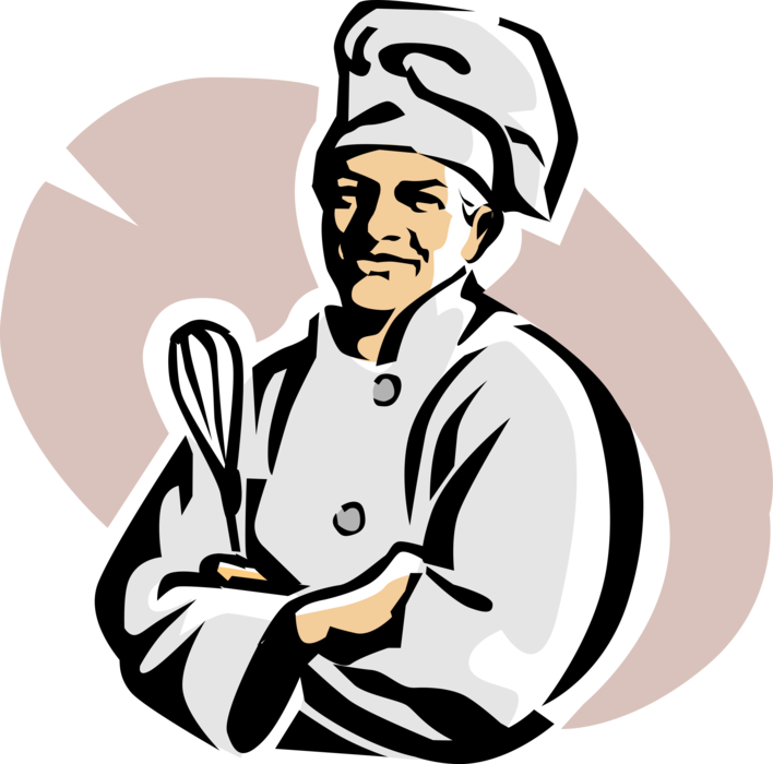 Vector Illustration of Restaurant Fine Cuisine Dining Chef in White Hat with Whisk Kitchen Tool