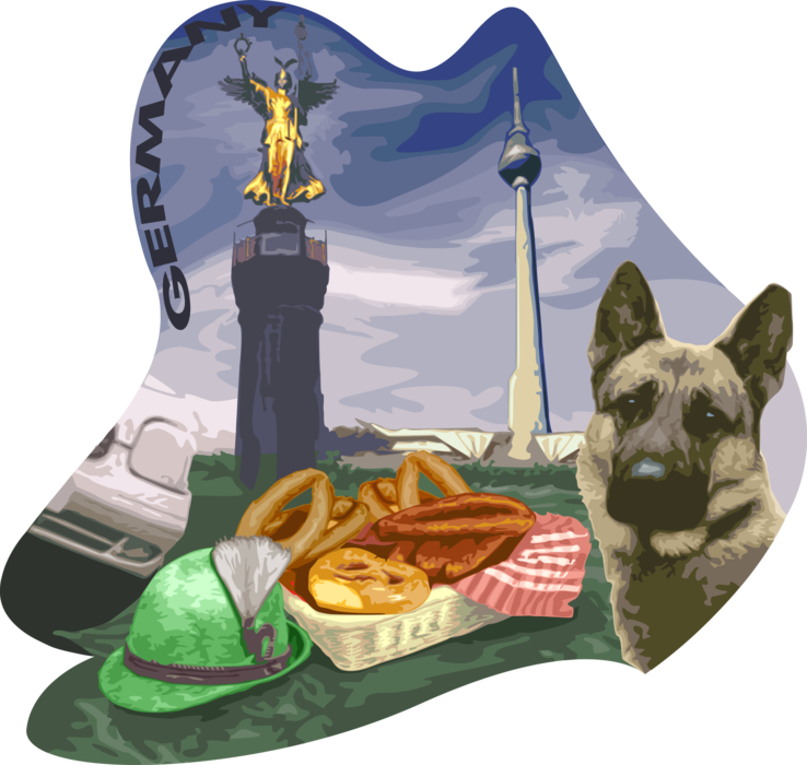 Vector Illustration of Victory Column Winged Goldelse Statue, German Shepherd Dog, Fernsehturm Tower, Berlin, Germany