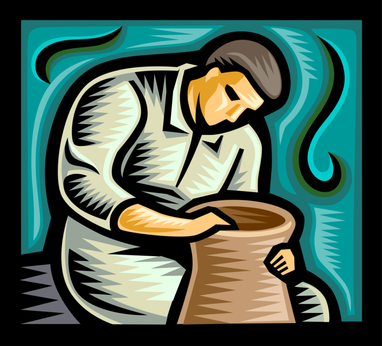 Vector Illustration of Potter Turns Ceramic Clay Vase Pottery on Potter's Wheel