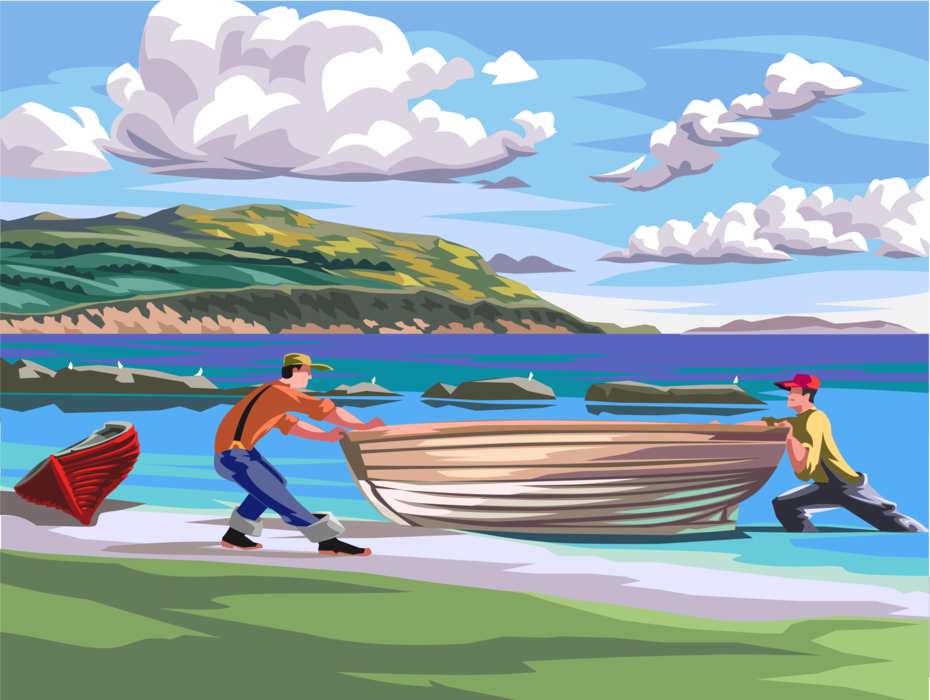 Vector Illustration of Fishermen Haul Small Fishing Boat onto Beach from the Sea