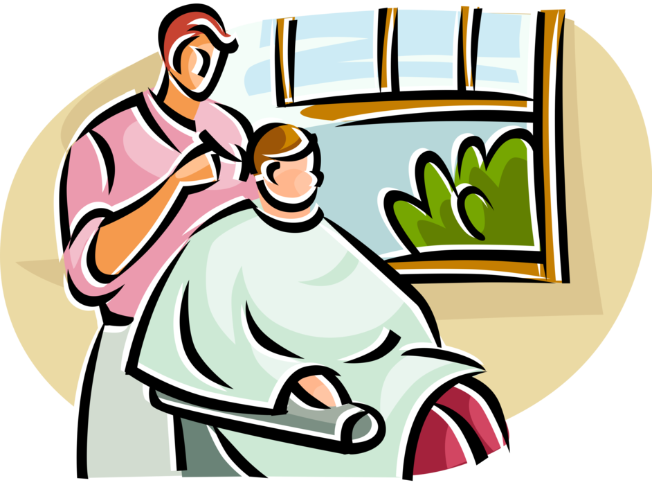 Vector Illustration of Customer Gets Haircut from Barber in Hair Salon