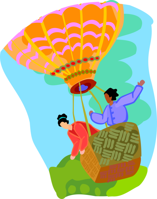 Vector Illustration of Passengers in Hot Air Balloon with Gondola Wicker Basket