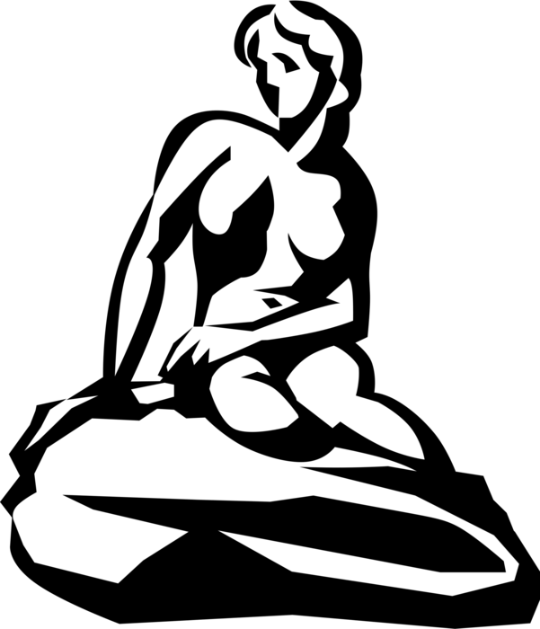 Vector Illustration of Legendary Little Mermaid Bronze Statue by Edvard Eriksen in Copenhagen, Denmark