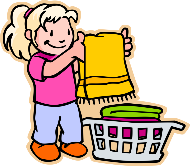 Vector Illustration of Primary or Elementary School Student Girl Doing Laundry Chores