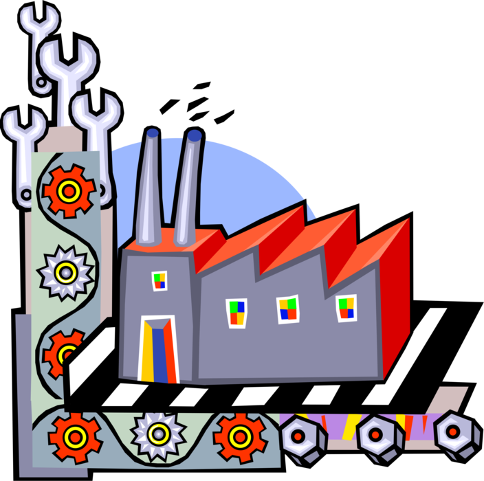 Vector Illustration of Industrial Manufacturing Plant Factory with Smokestacks, Cogwheels and Wrenches