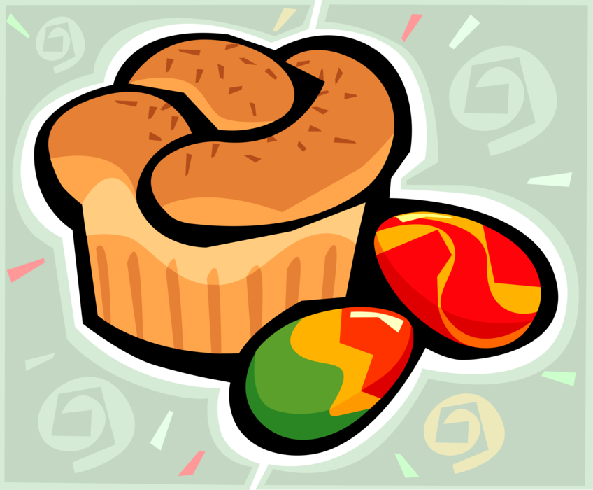 Vector Illustration of Baked Quick Bread Muffin with Colored Easter Eggs