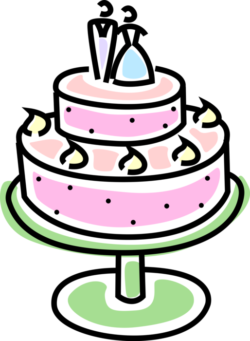 Vector Illustration of Wedding Cake Traditional Cake Served at Wedding Receptions with Bride and Groom Topper