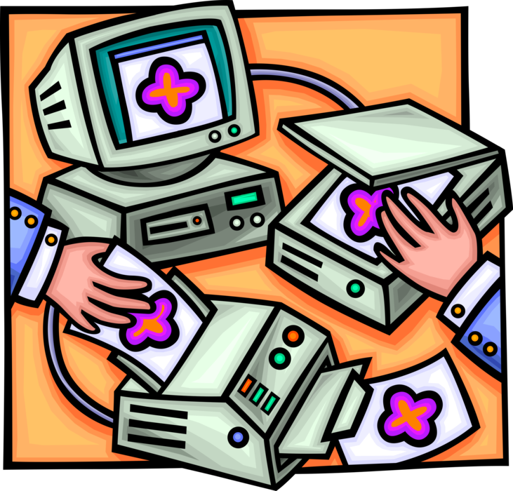 Vector Illustration of Office Equipment Computer with Flatbed Scanner and Printer
